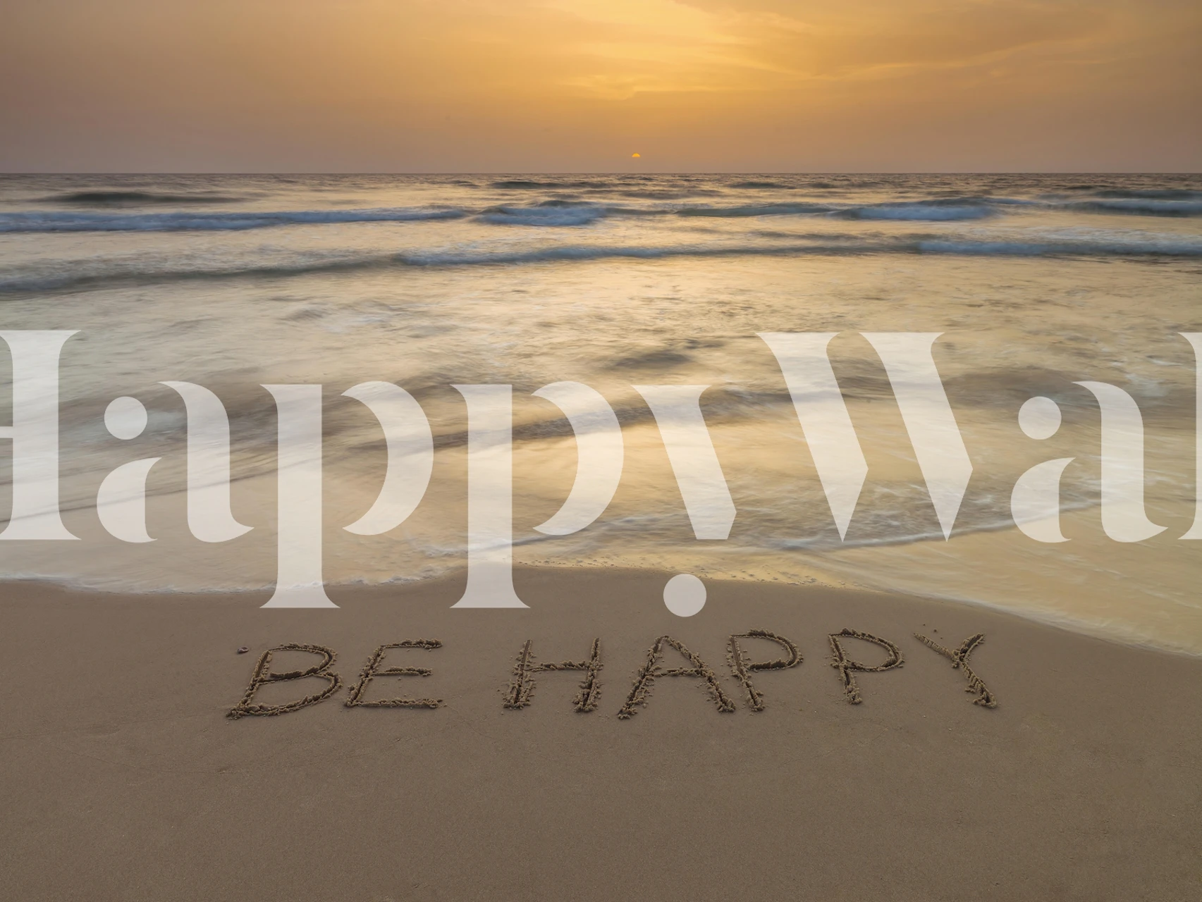 Beach sunset with 'BE HAPPY' written in sand, tranquil colors, scenic wallpaper