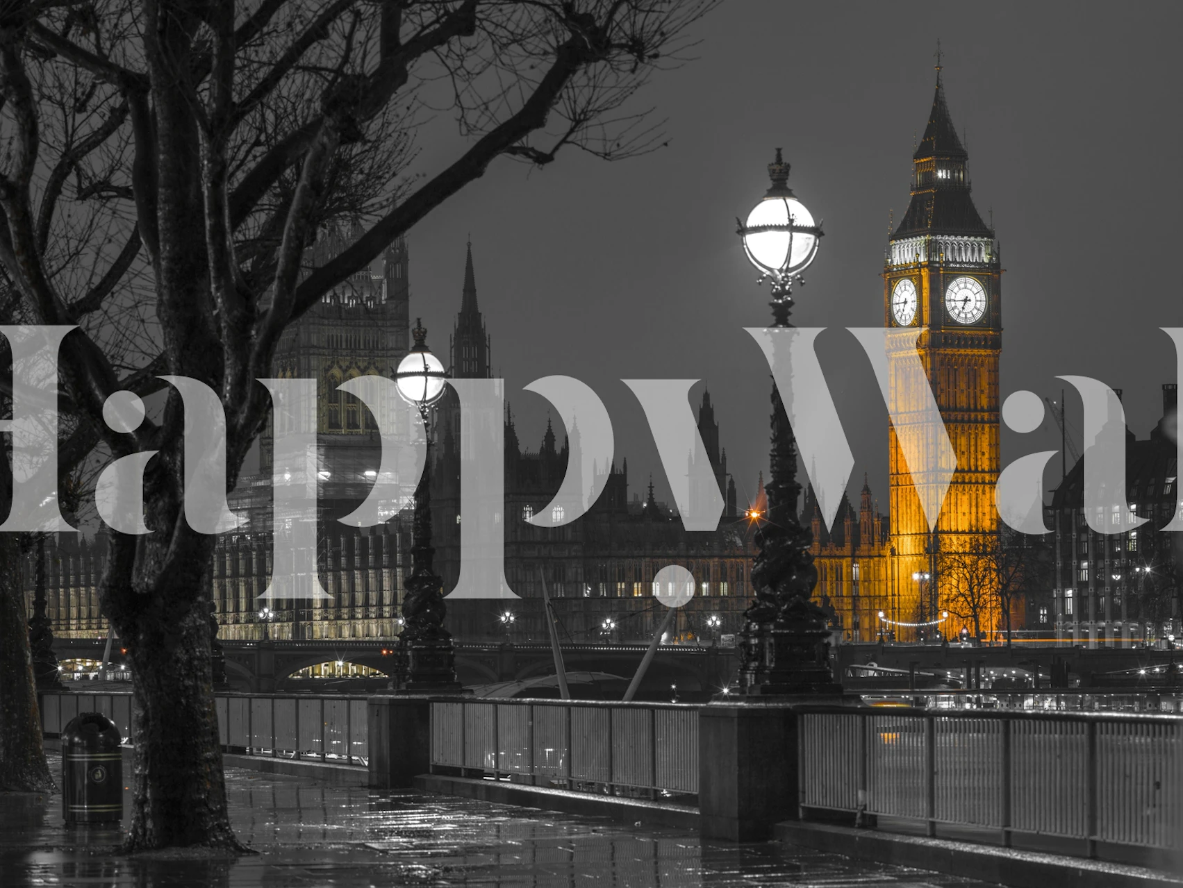 Sort og hvidt vægmaleri af Londons bybillede i skumringen med Elizabeth Tower oplyst