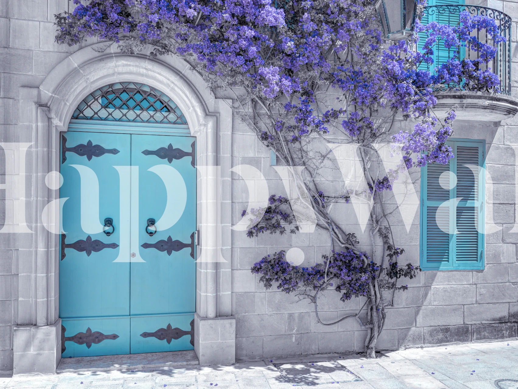 Blue door framed by flowering bougainvillea in purple hues wallpaper