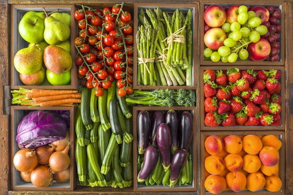Fruit and vegetables in boxes