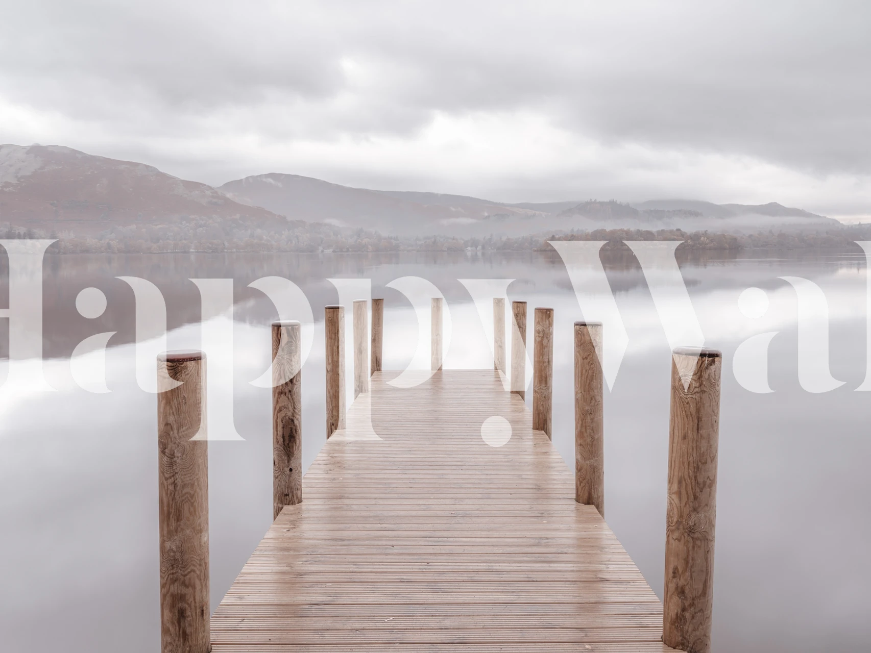 Wooden pier over calm lake with grey tones wallpaper