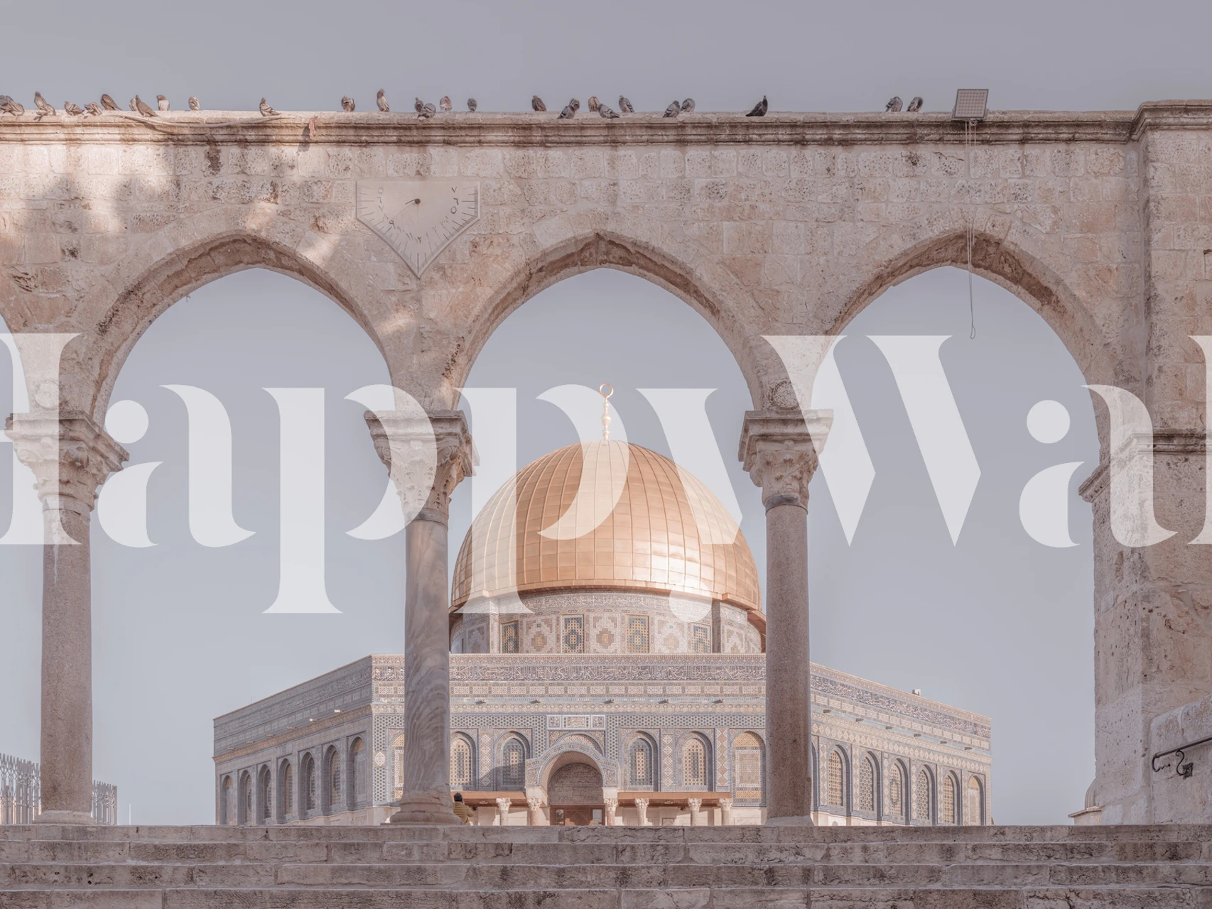 Al-Aqsa Mosque with golden dome and arches in soft earthy colors wallpaper
