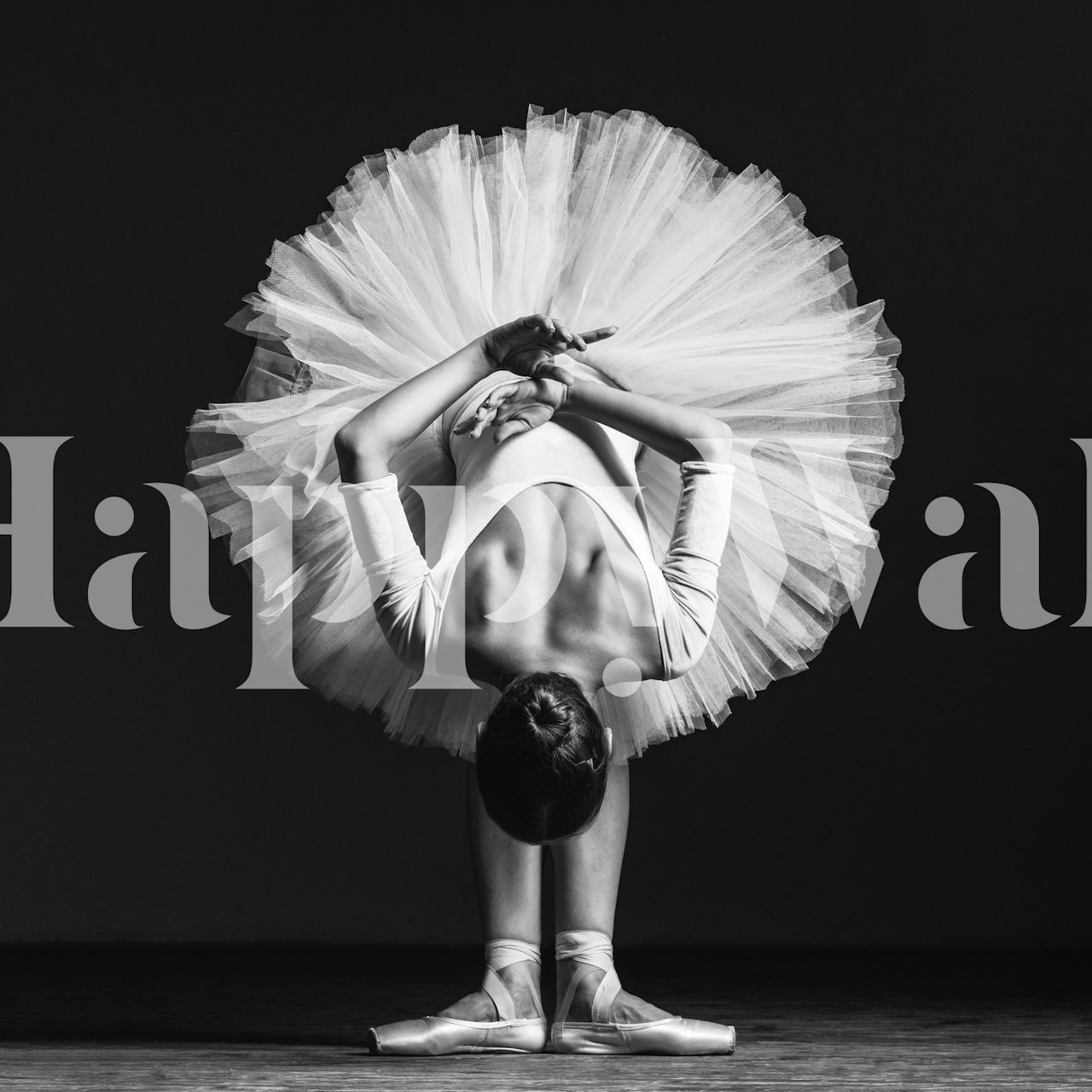 Ballerina in white tutu bending forward black and white wallpaper