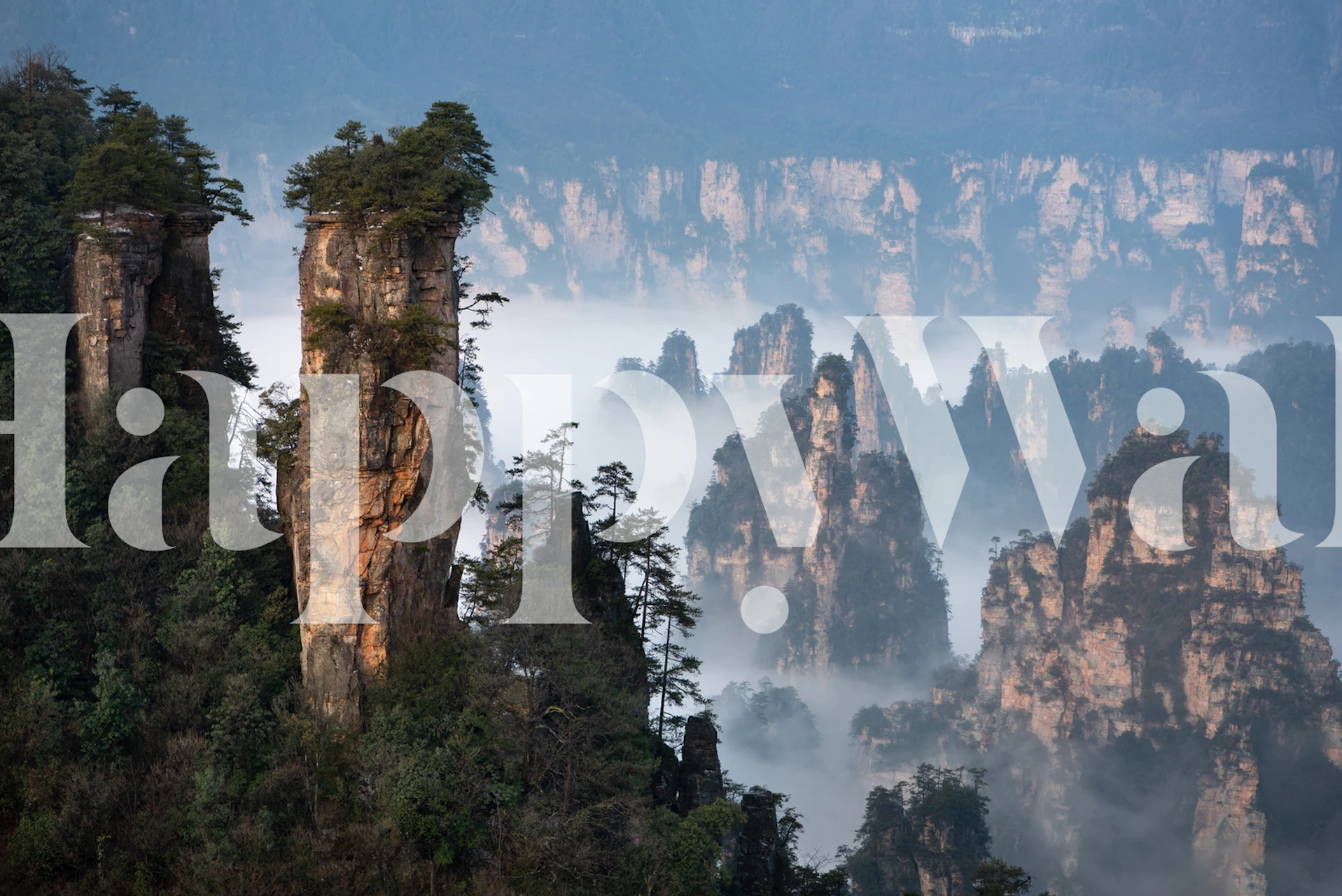 Misty mountain landscape with rocky peaks and trees wallpaper