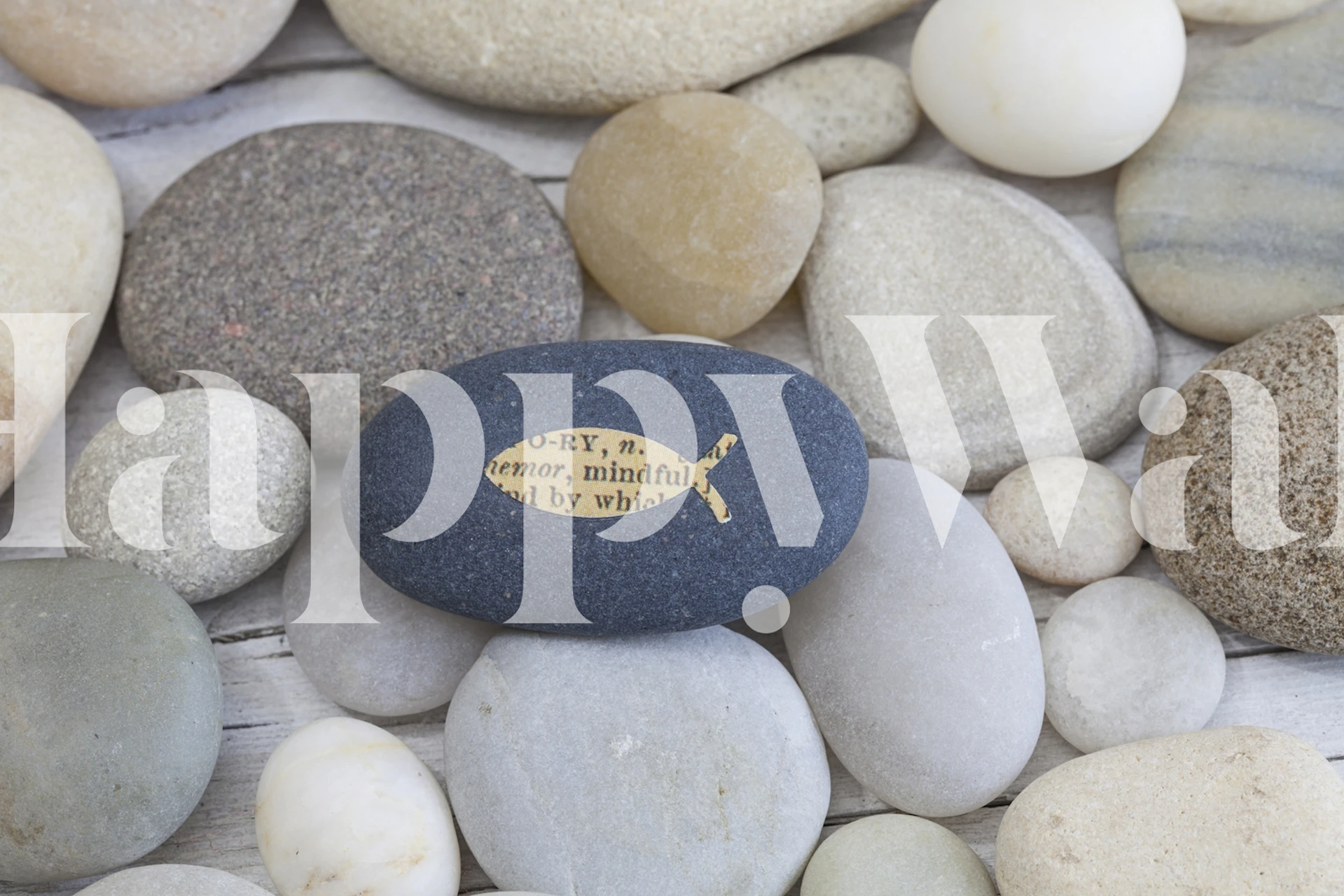 Zen-inspired wall mural with a painted fish on a stone among smooth river pebbles