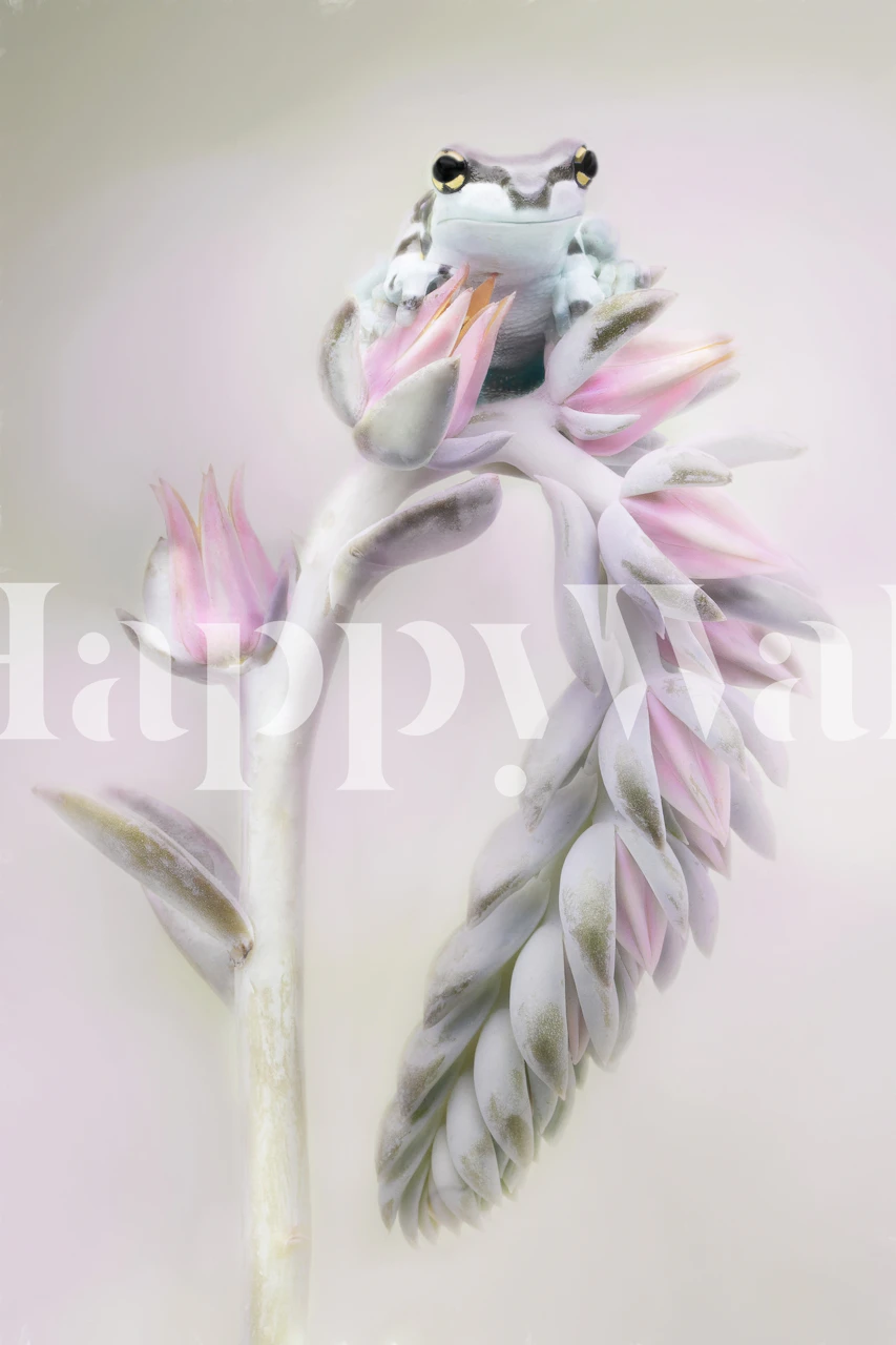 A frog perched on a pink floral branch in soft pastel colors wallpaper