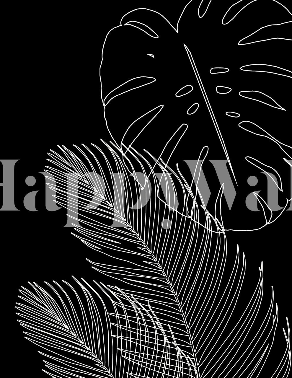 Line art illustration of leaves on a black background wall mural