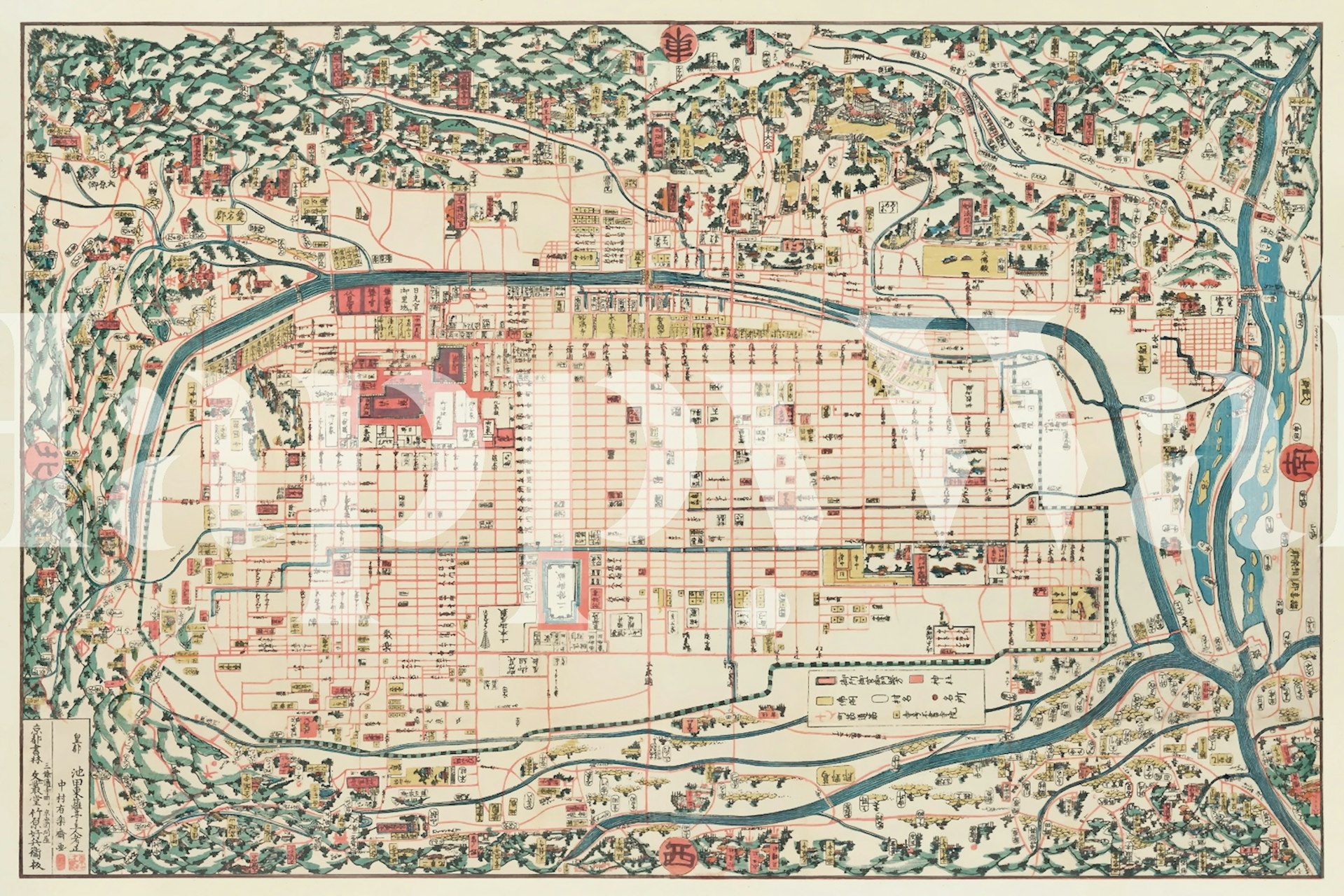 Vintage Kyoto map wallpaper in a room