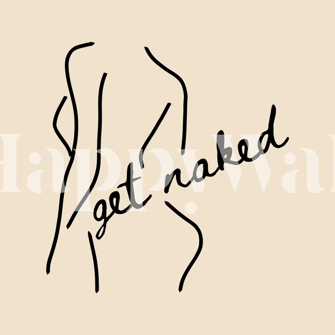 Line art design of a woman's body with 'get naked' text in black on beige wallpaper