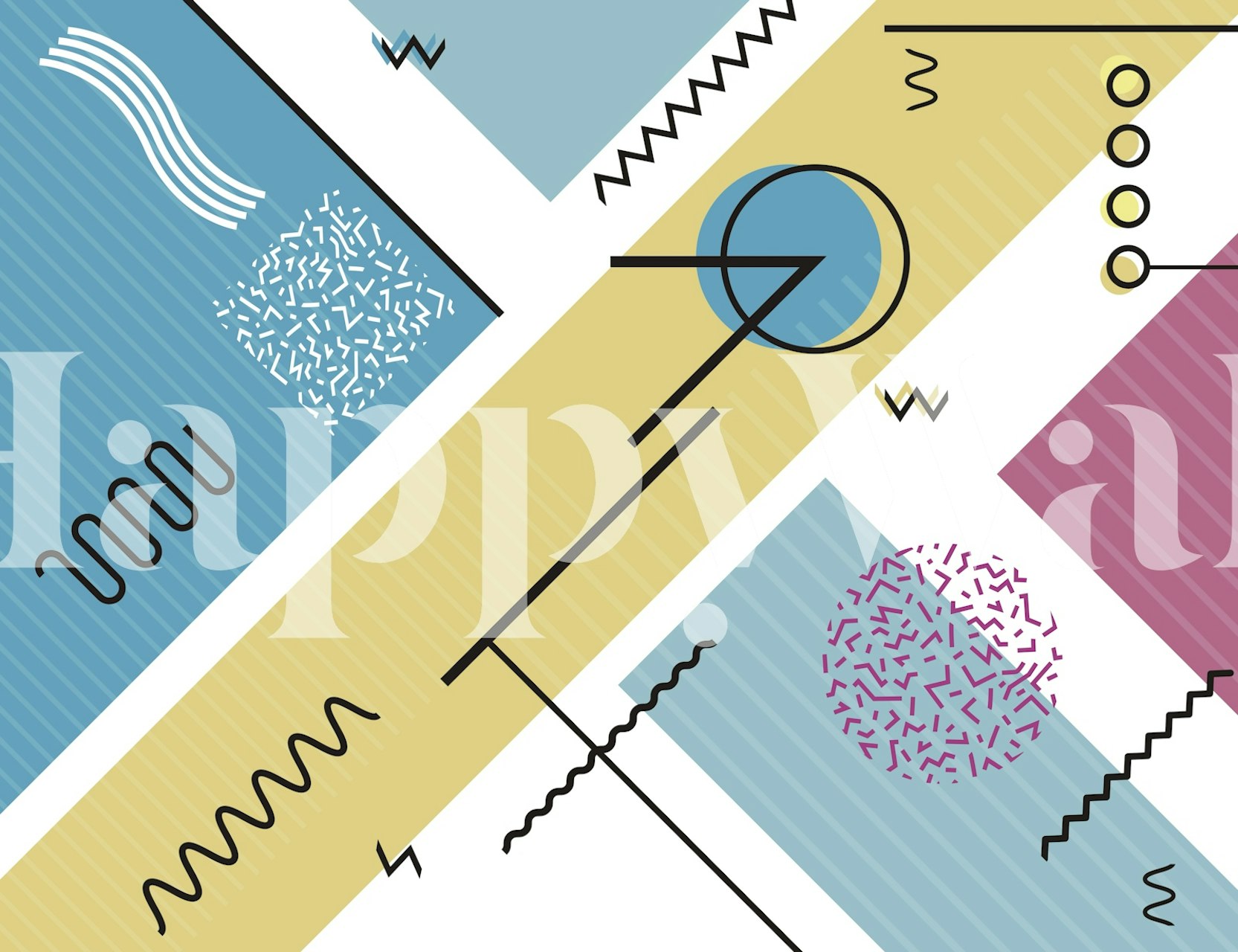 Vintage-inspirert geometrisk abstrakt pop-veggmaleri med en fargerik design med linjer, prikker og mønstre