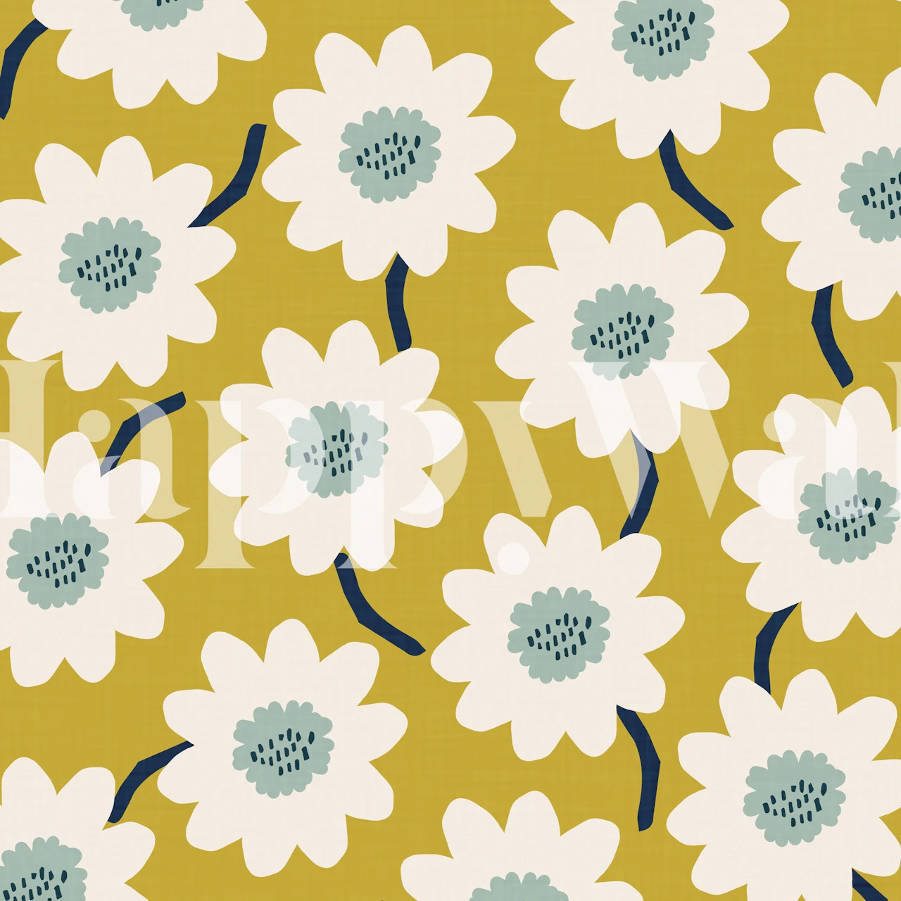 Sennepsgul veggmaleri med hvitt blomstermønster