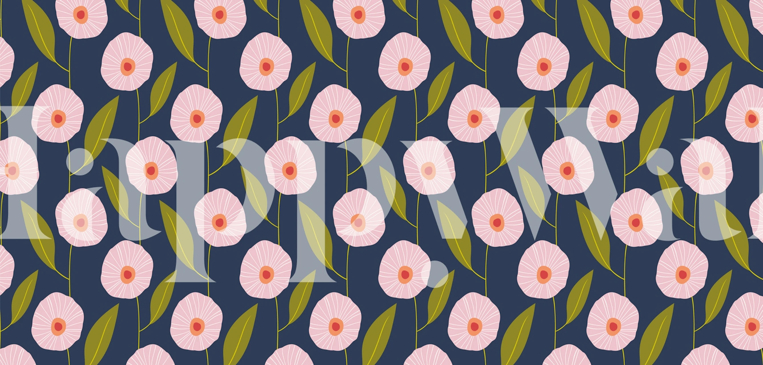 Pink flowers with green leaves on a dark blue background wallpaper