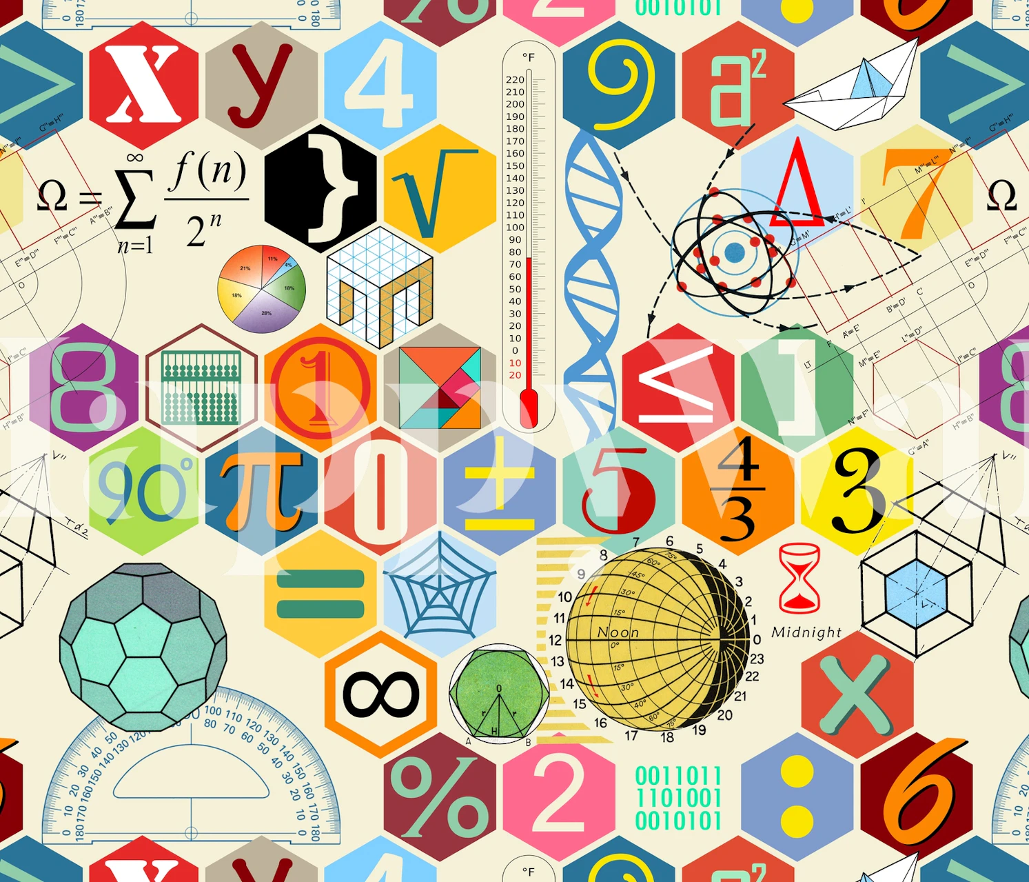 Colorful math-themed wallpaper with geometric shapes and symbols