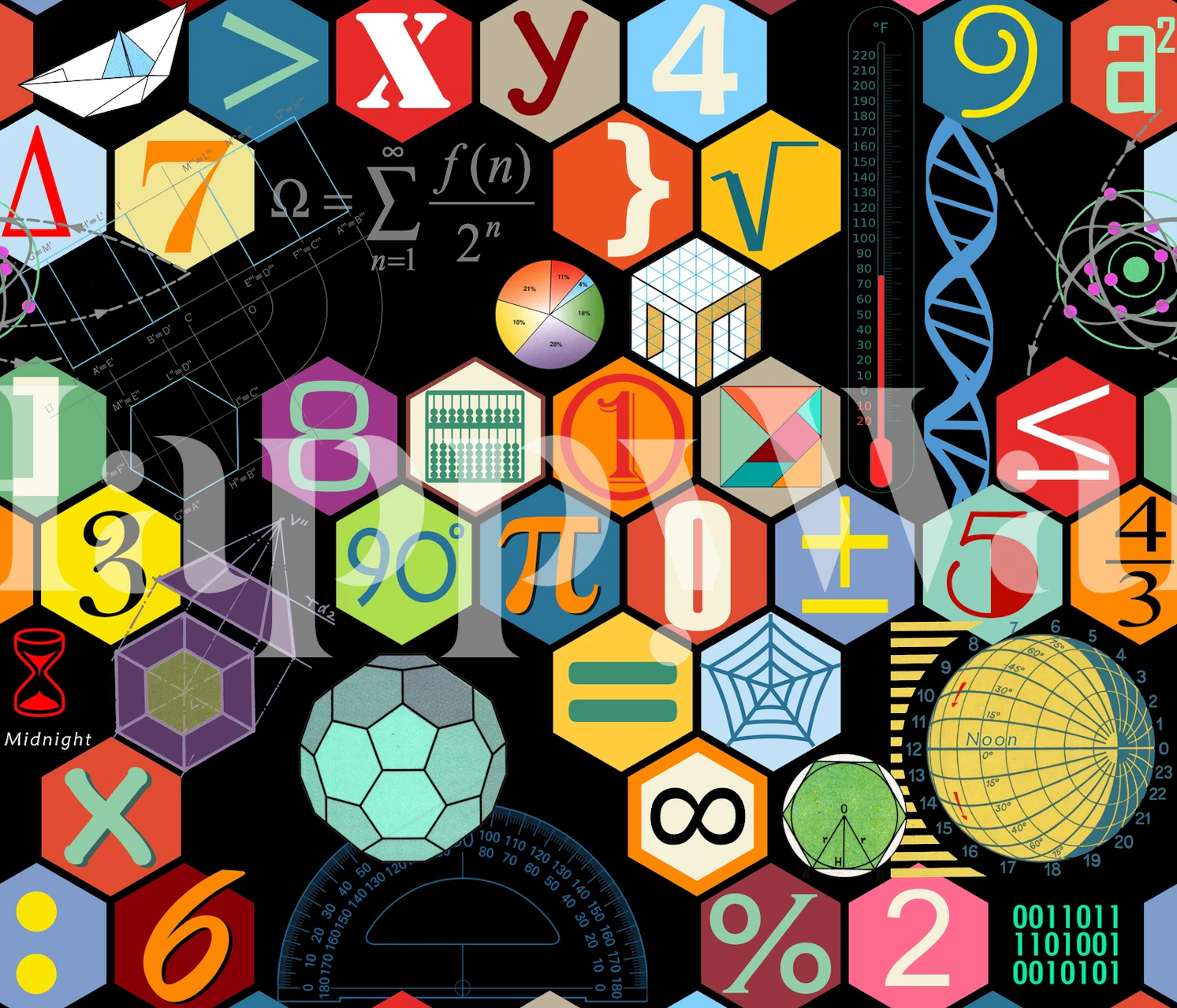 Math in color wallpaper displayed in a room