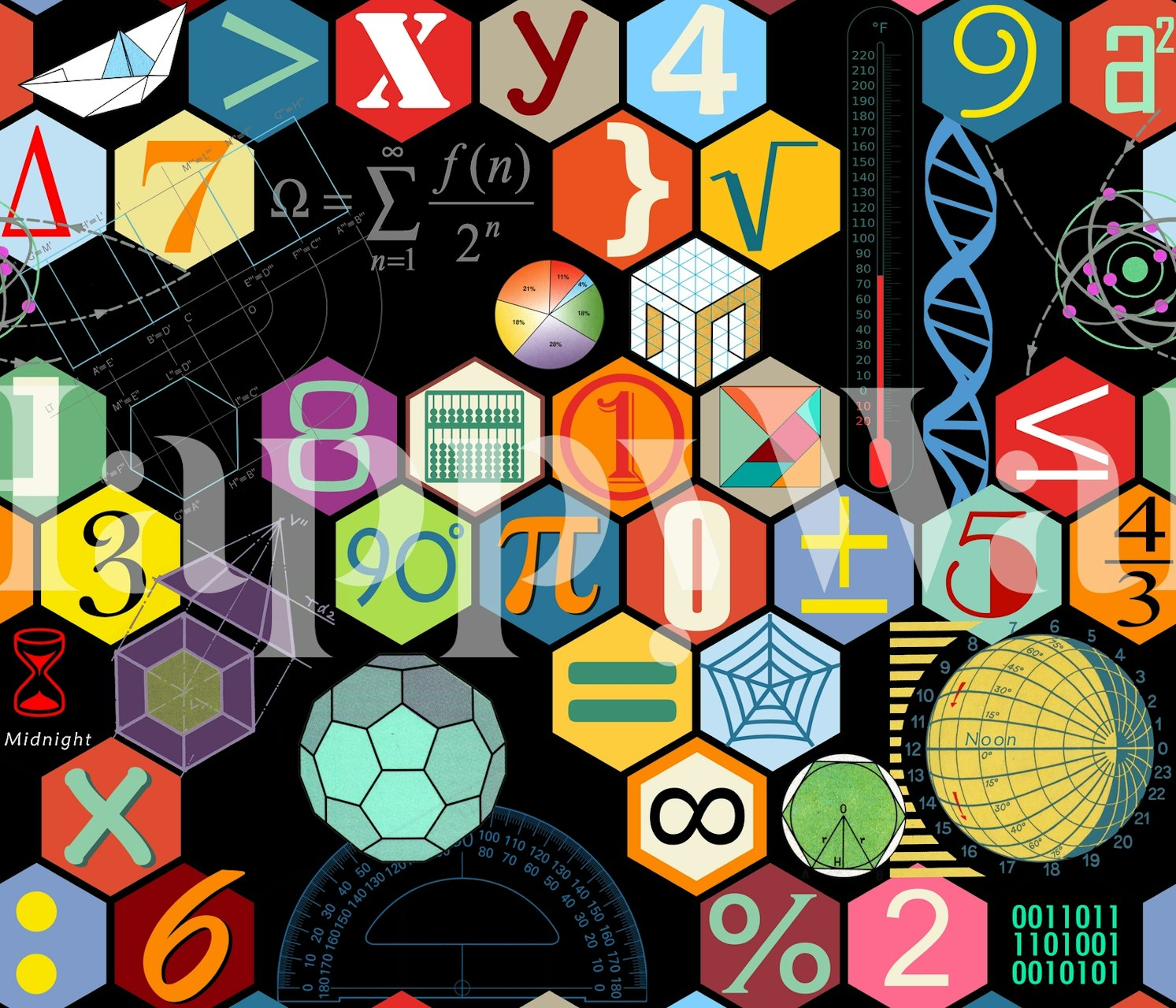 Math in color wallpaper displayed in a room