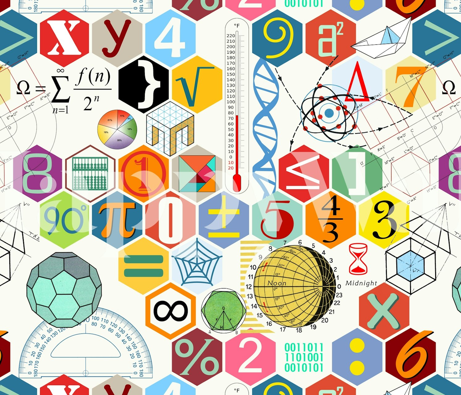 Colorful math-themed wallpaper in a room