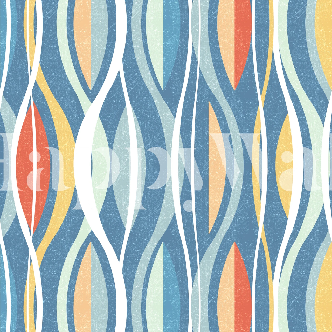 Retro abstract wave pattern in navy, coral, and yellow wallpaper