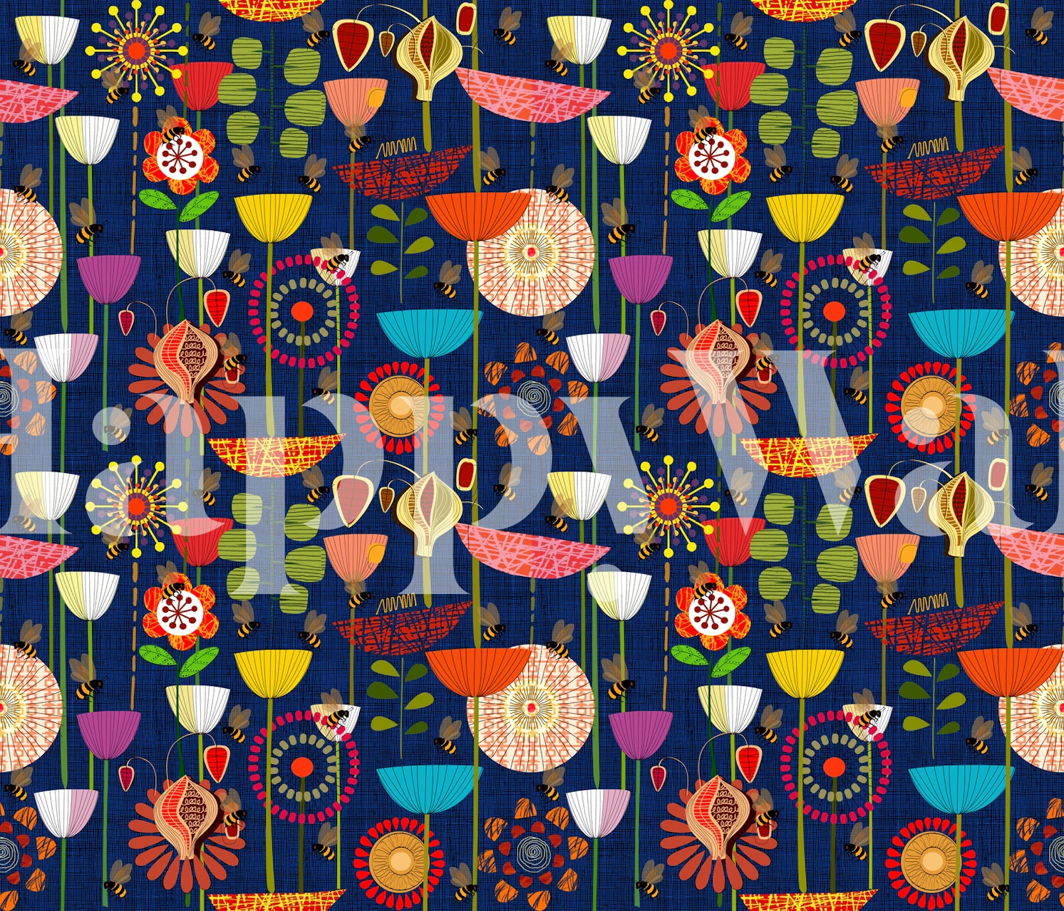 Colorful floral patterns on navy background wallpaper