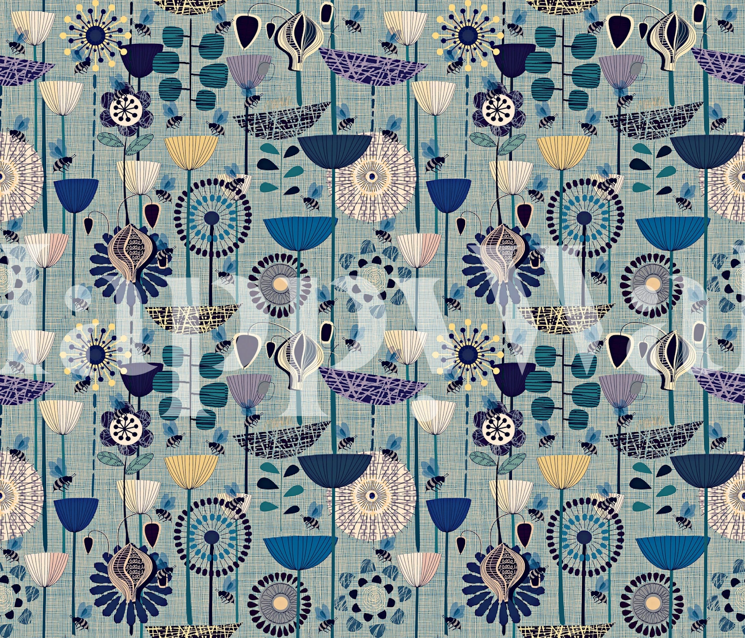 Navy floral wallpaper with bees pattern