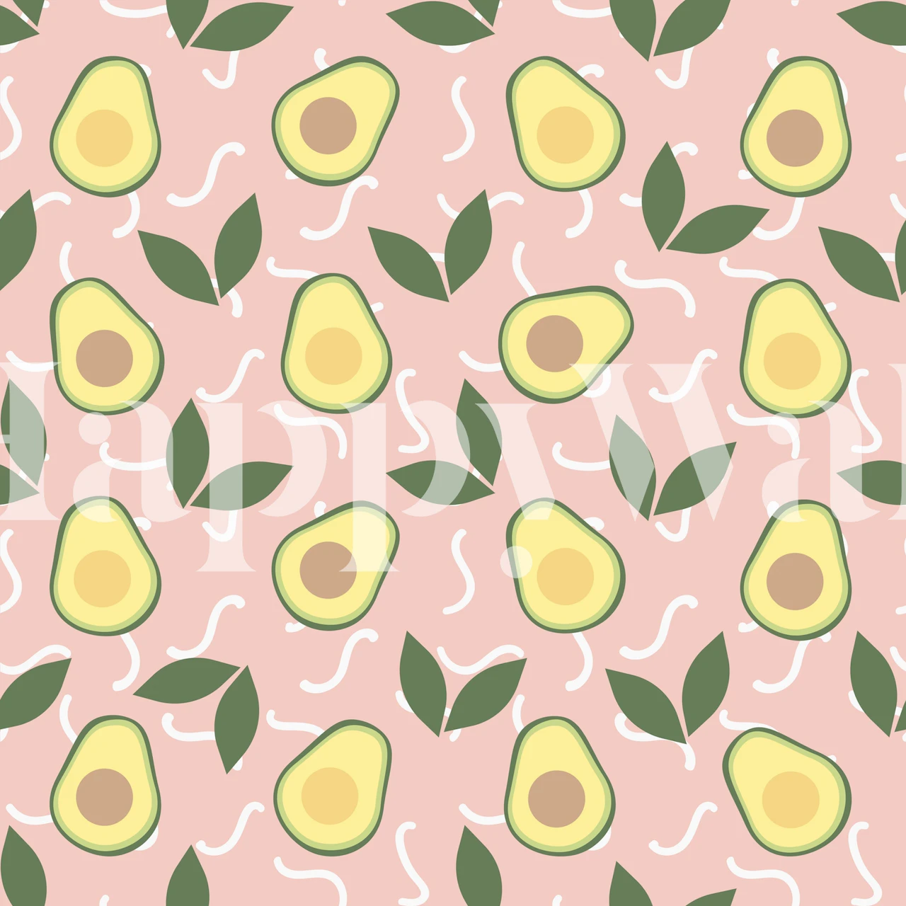 Avocado Fiesta wall mural with avocado and leaf pattern on a pink background.