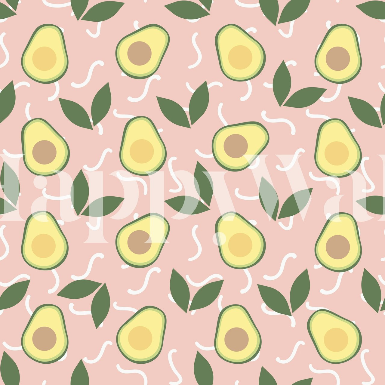 Avocado Fiesta wall mural with avocado and leaf pattern on a pink background.