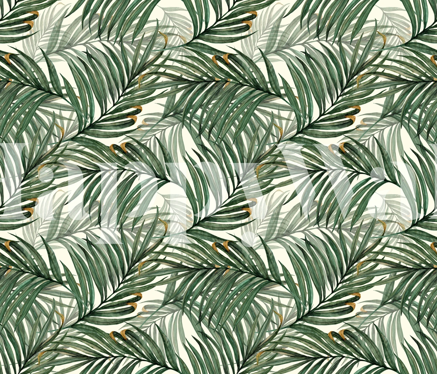 Tropical palm leaves in green and gold on light background wallpaper