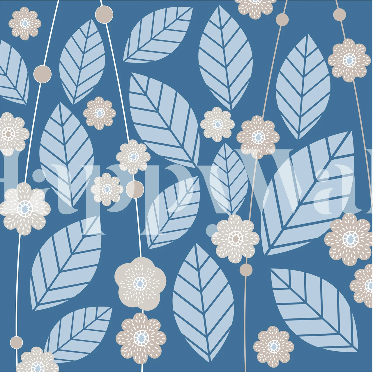 Wall mural with a blue pastel leaves and white flowers pattern on a blue background