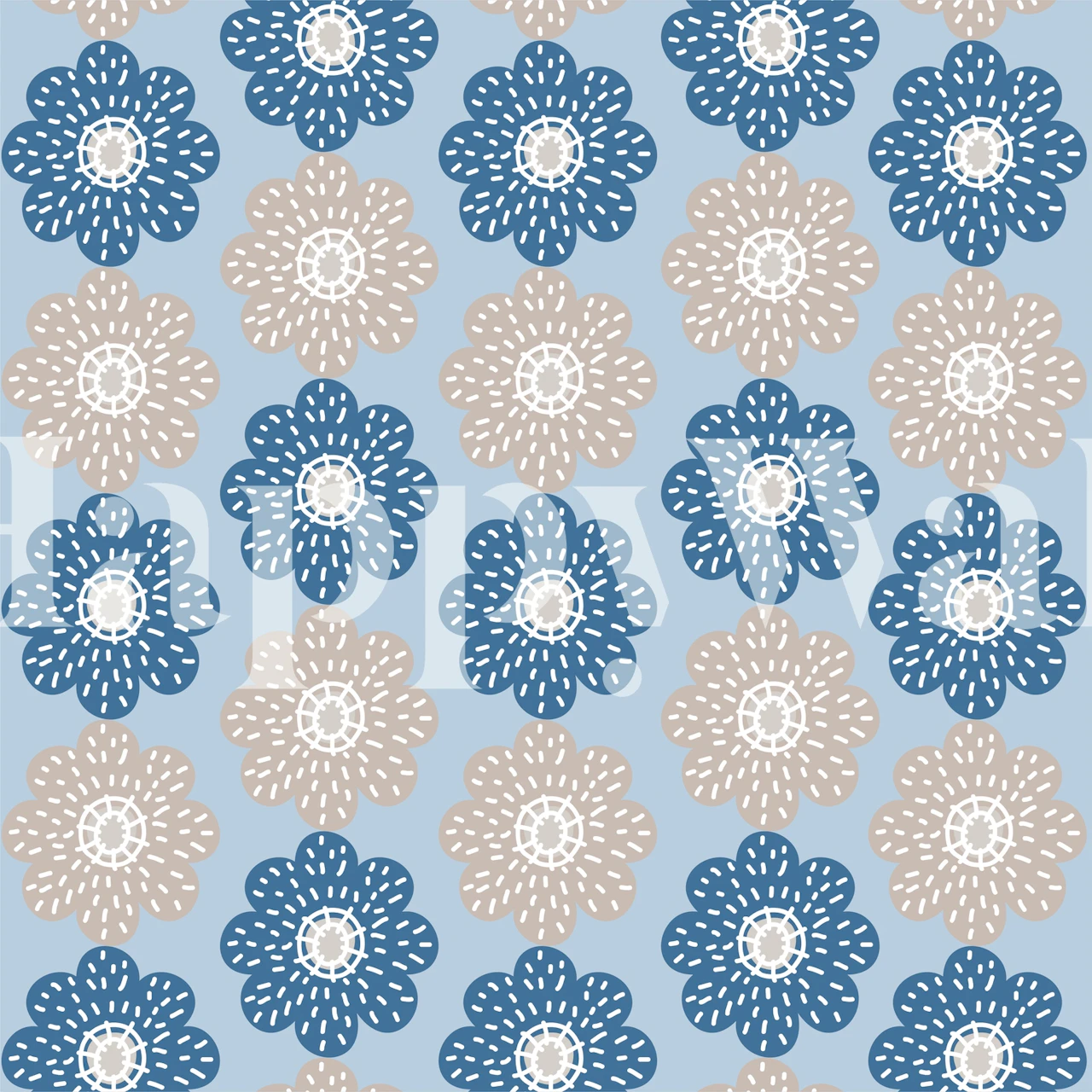 Sky blue wallpaper with white and navy daisy pattern