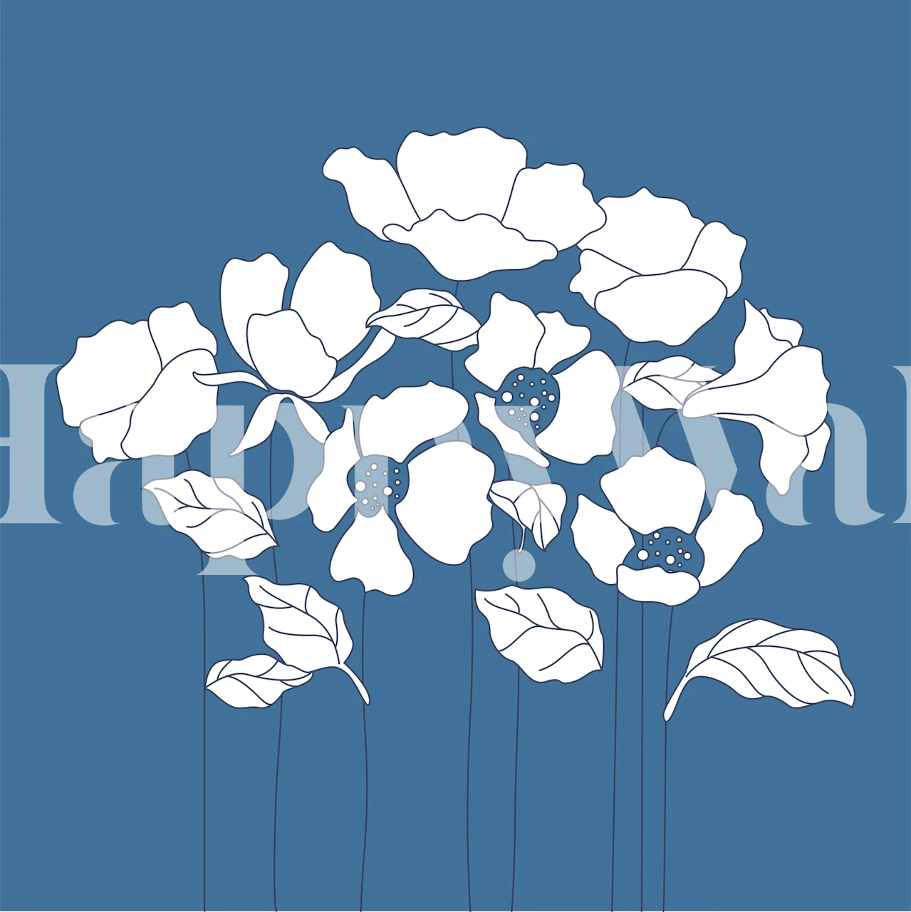 Denim blue wallpaper with white poppies design