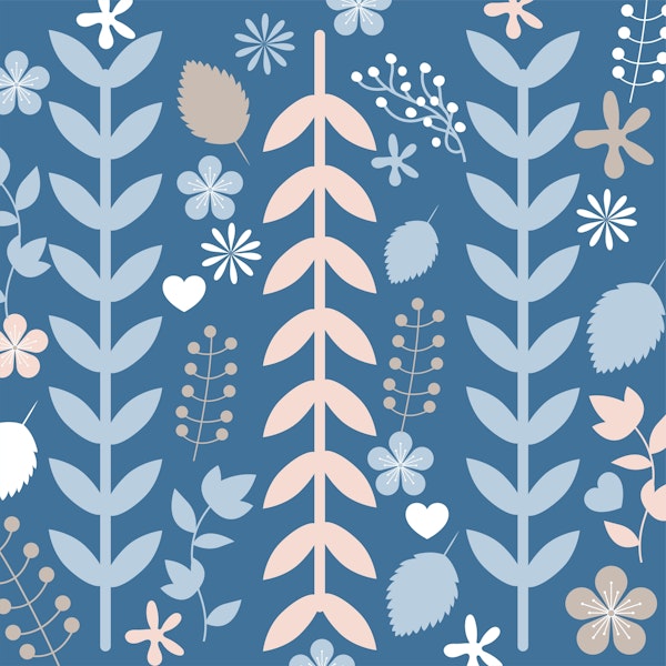 Denim Blue Pink Leaves