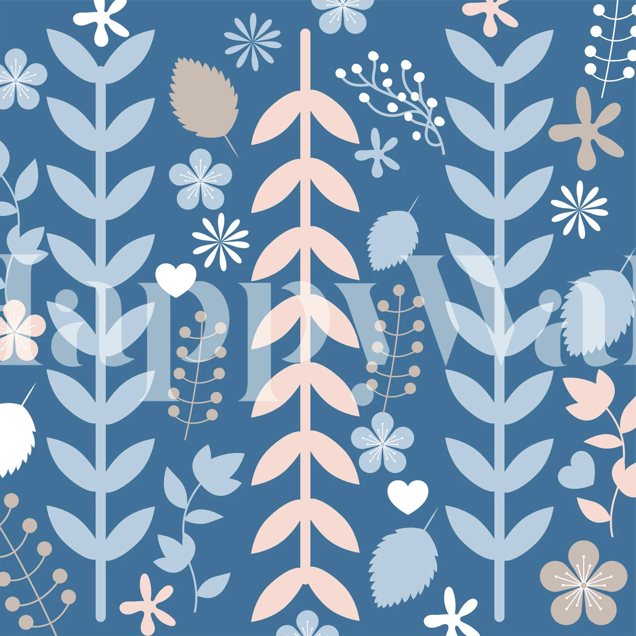 Denim Blue Pink Leaves vægmaleri med botaniske bladmønstre i pink og denimblå på en dæmpet blå baggrund.