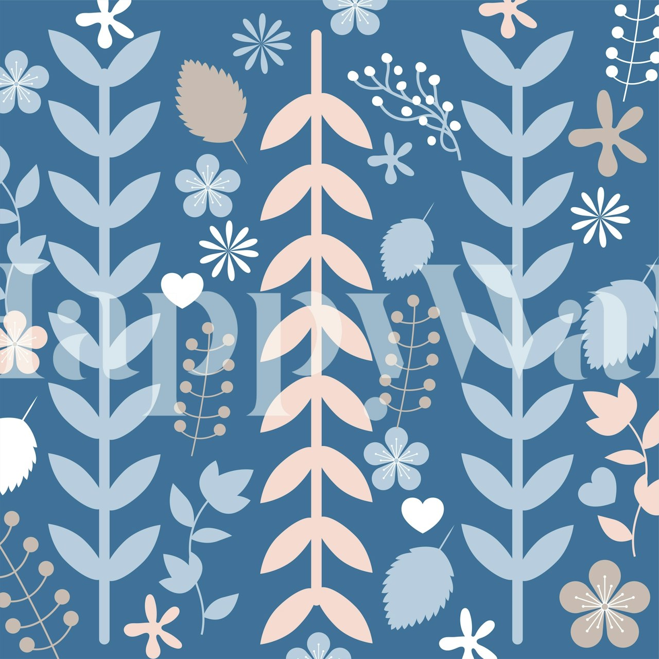 Naklejka ścienna Denim Blue Pink Leaves przedstawiająca botaniczne wzory liści w kolorze różowym i dżinsowym na stonowanym niebieskim tle.