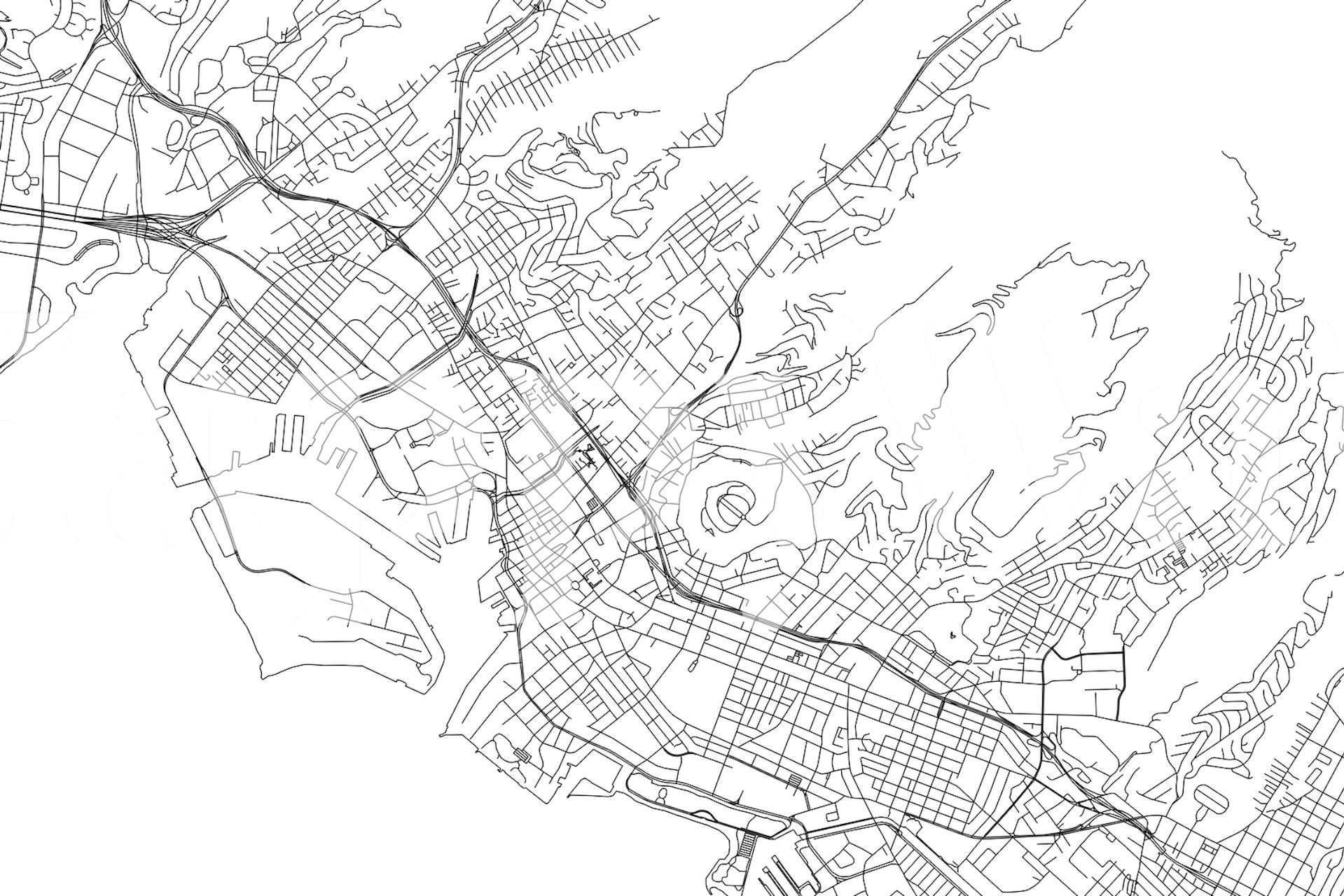 Detailed Honolulu city map outline in black and white wallpaper