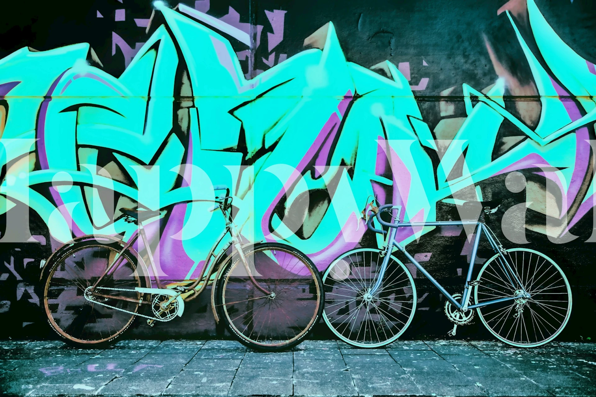 Bright urban graffiti art wallpaper displayed in a room