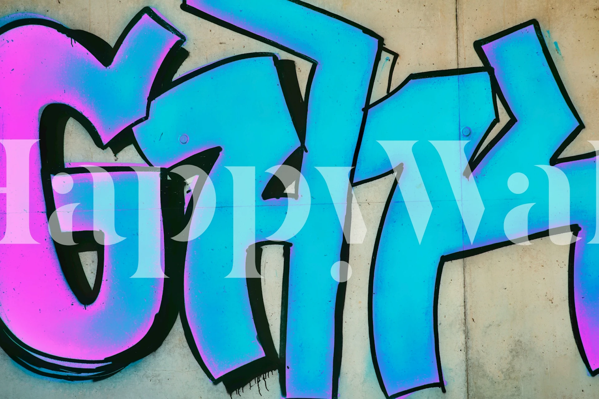 Colorful graffiti design in pink and blue on concrete wall wallpaper