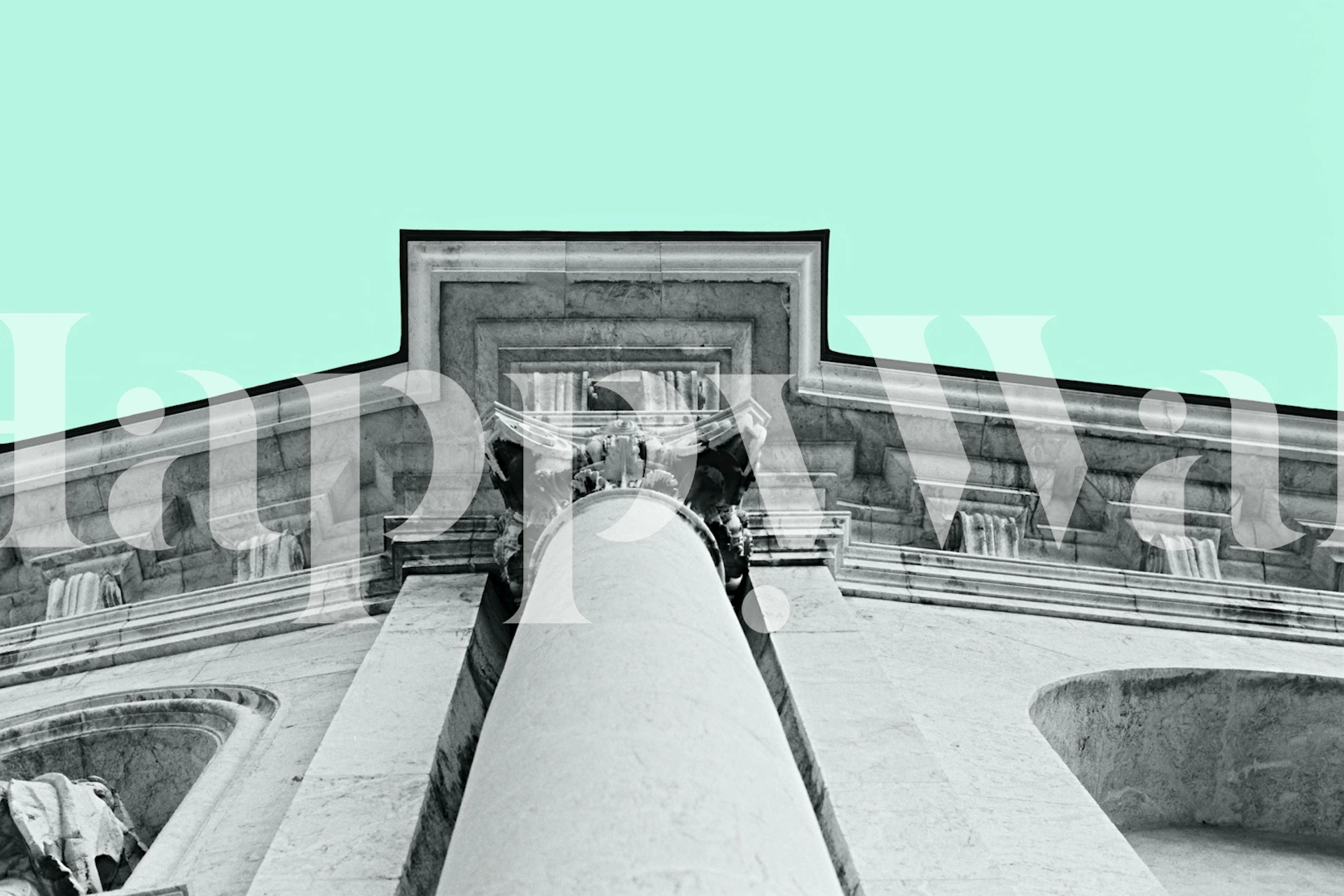 Luxe muurschildering van klassieke architectuur met neon neo pop art-stijl en blauwgroene accenten.