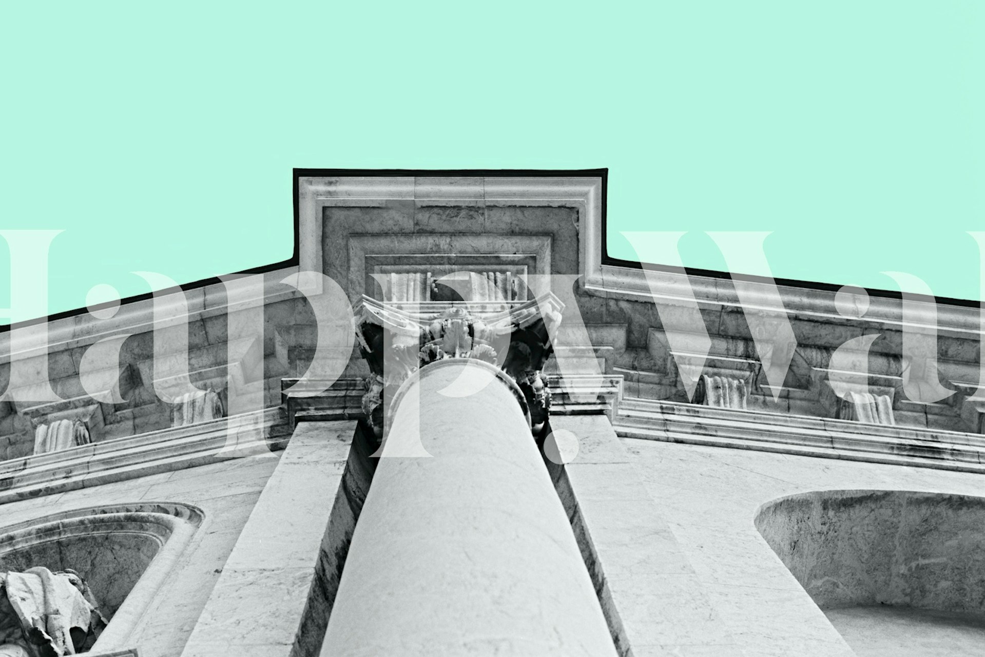 Eksklusivt vægmaleri af en klassisk arkitektur med neon neon popkunststil og blågrønne accenter.