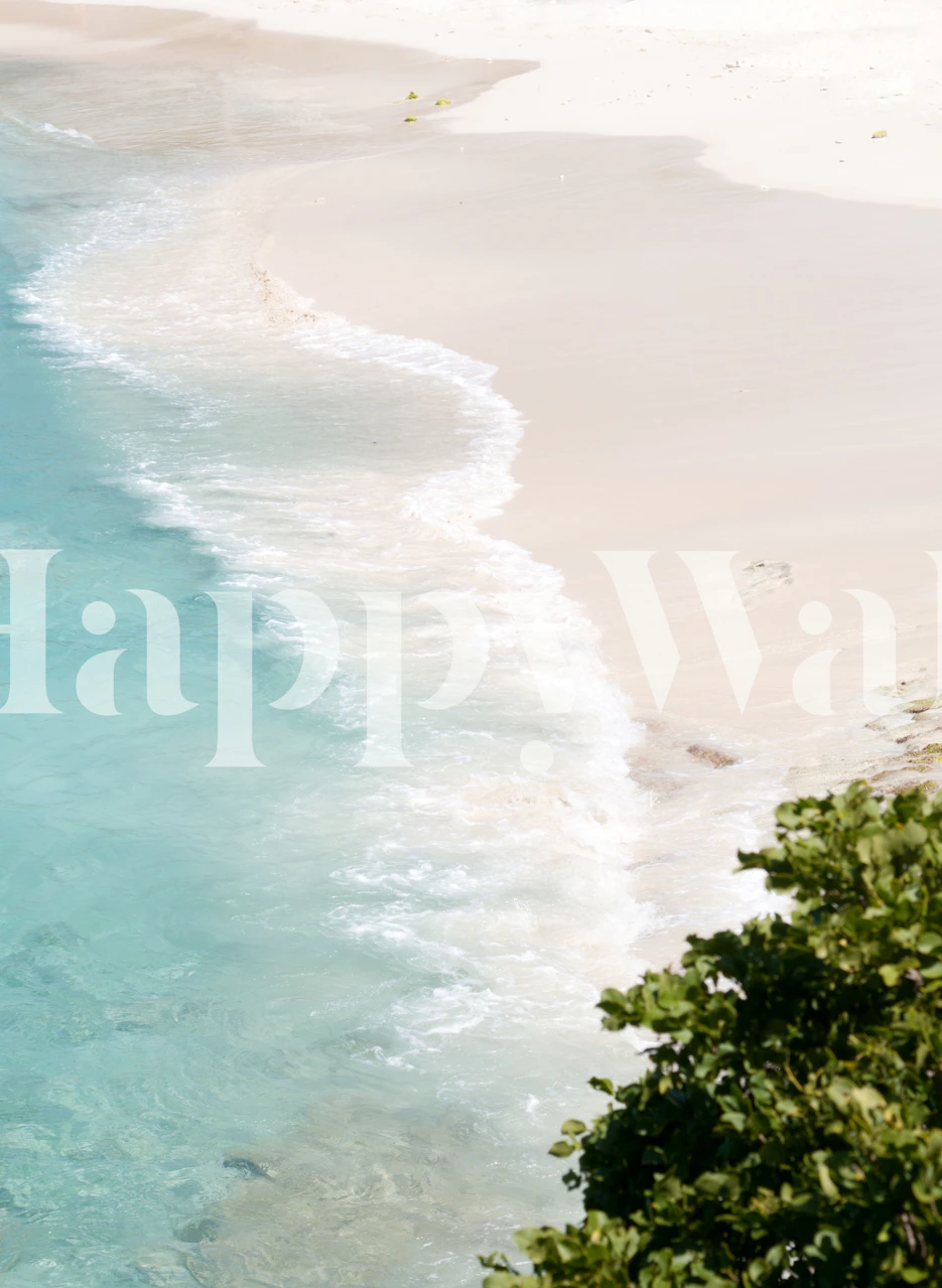 A calming pastel-colored oceanfront and sandy beach wall mural.