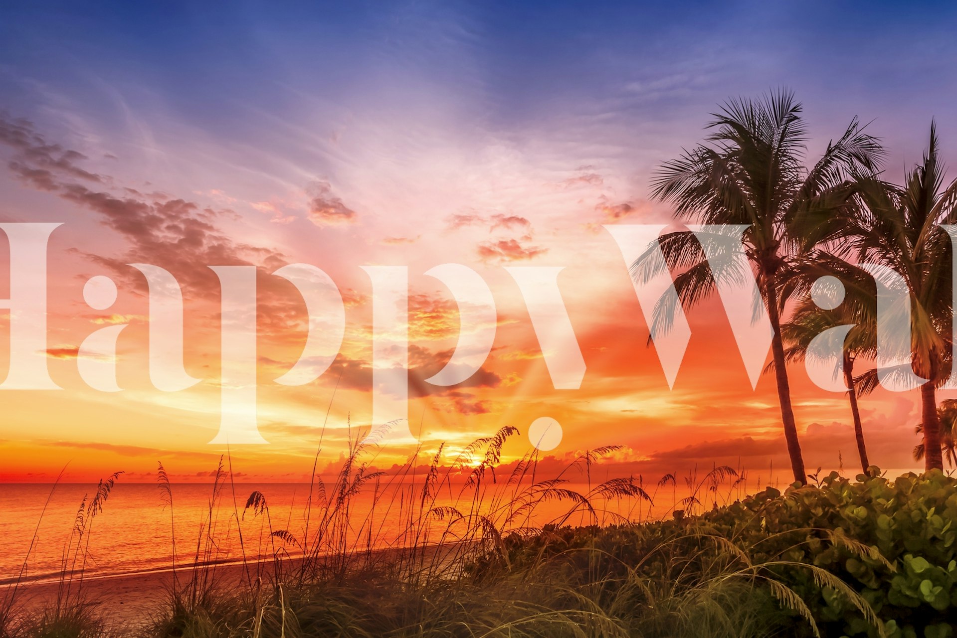 Tropical sunset over the beach with palm trees wallpaper