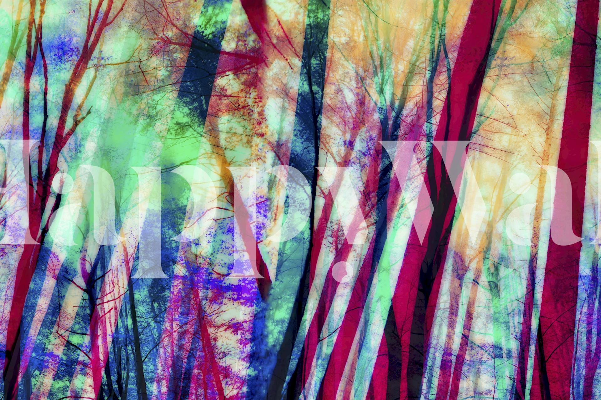 Colorful abstract tree patterns in green, pink, and blue wallpaper