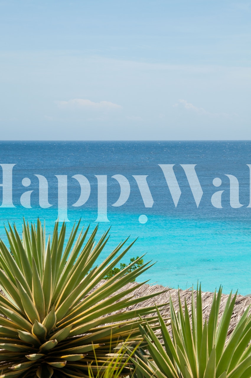 Tropical agave plants with blue ocean background wallpaper