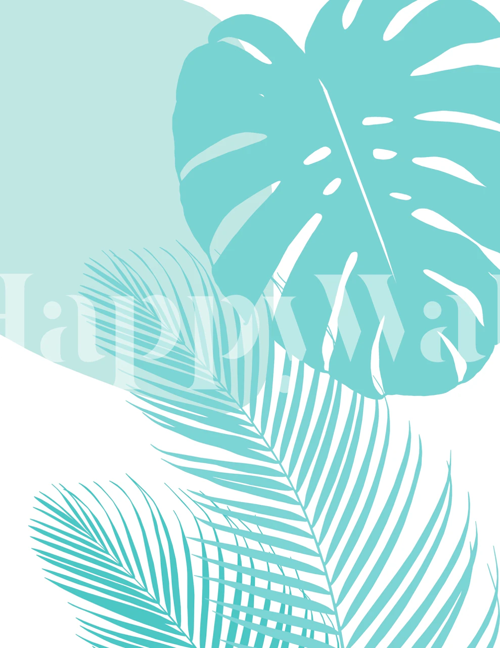 Stylized monstera and palm leaves wall mural in pastel tones