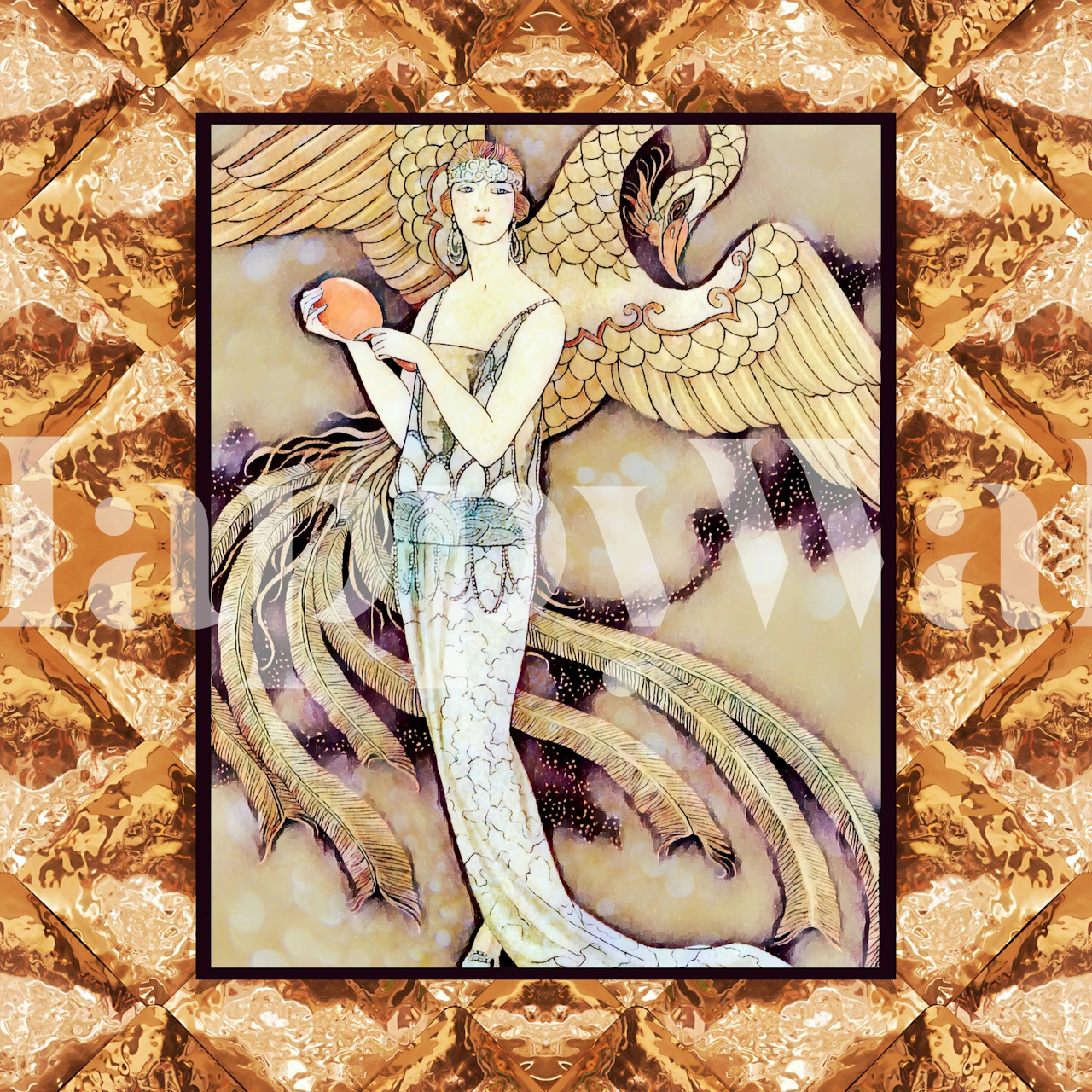 Art Deco wallpaper featuring gold tones and intricate patterns