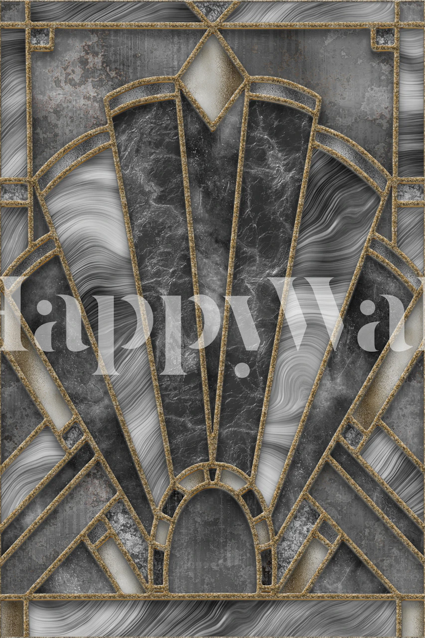 Art Deco inspired stained glass window wall mural in shades of grey with metallic accents