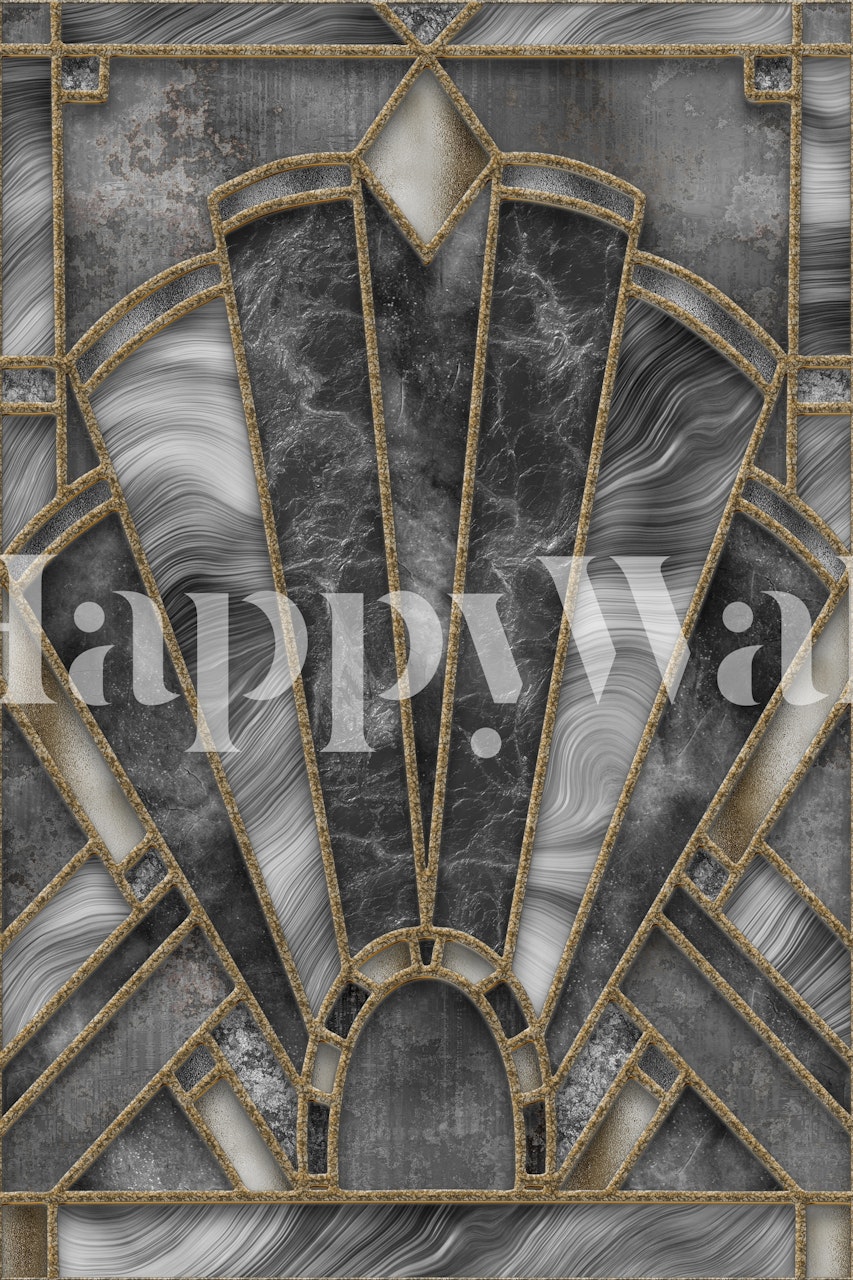 Fototapeta z barevného skla inspirovaná stylem Art Deco v odstínech šedé s kovovými akcenty