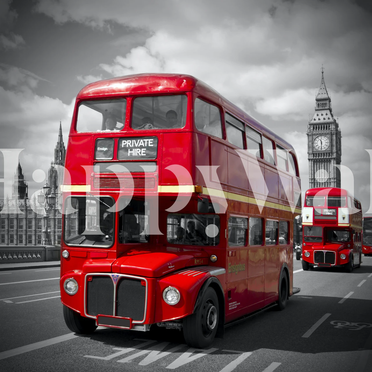 Iconic London red double-decker buses wall mural with a black and white city background