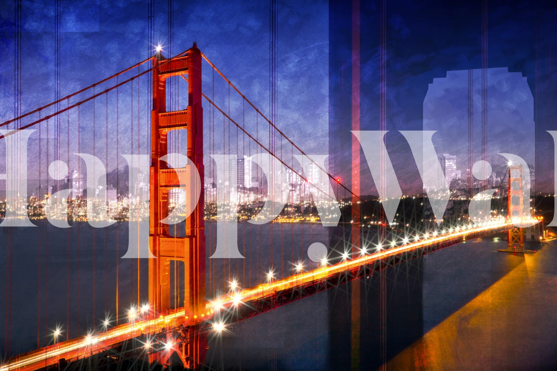 Golden Gate Bridge with cityscape at sunset, vibrant colors, artistic wallpaper