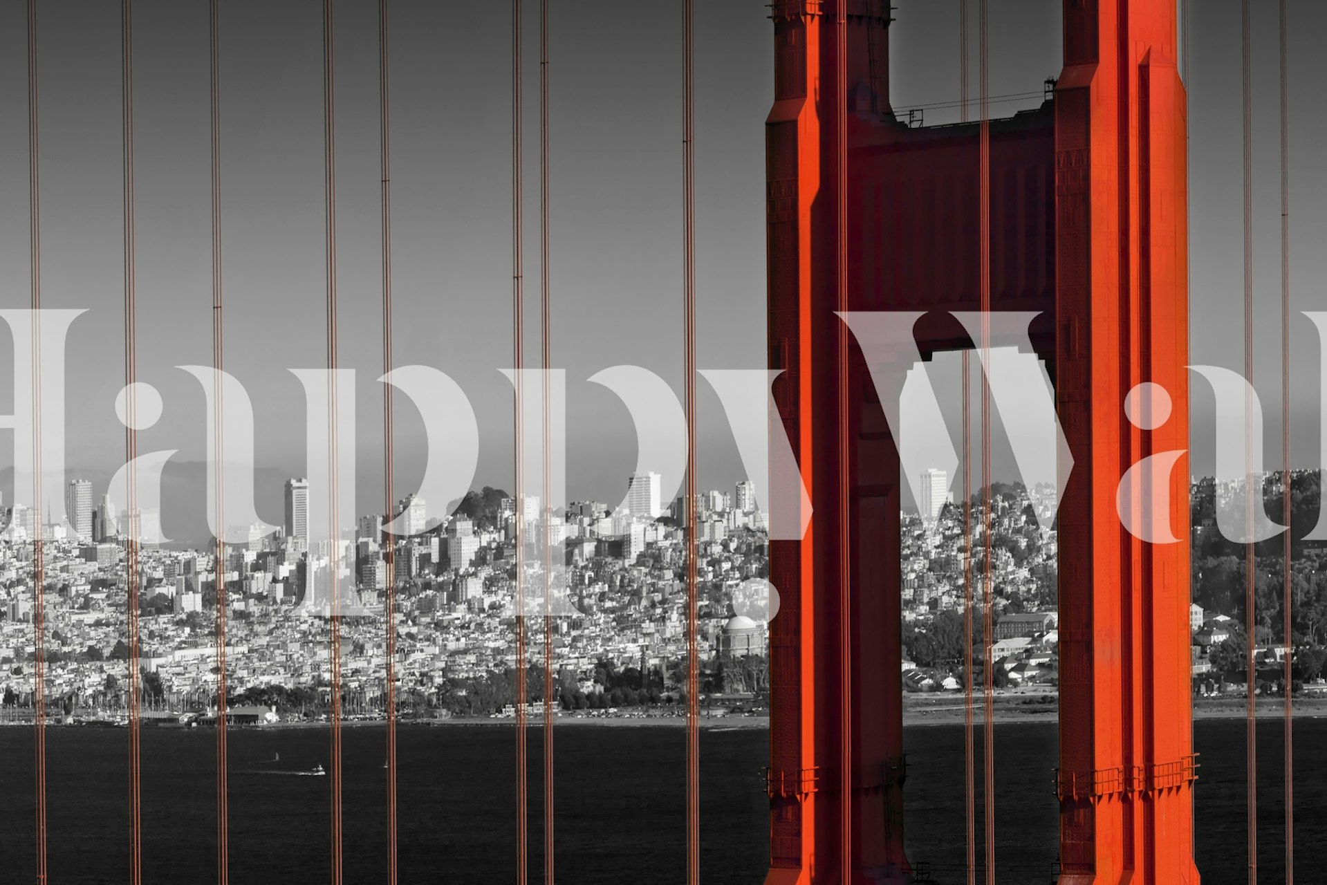 Golden Gate Bridge with red details and black and white cityscape wallpaper