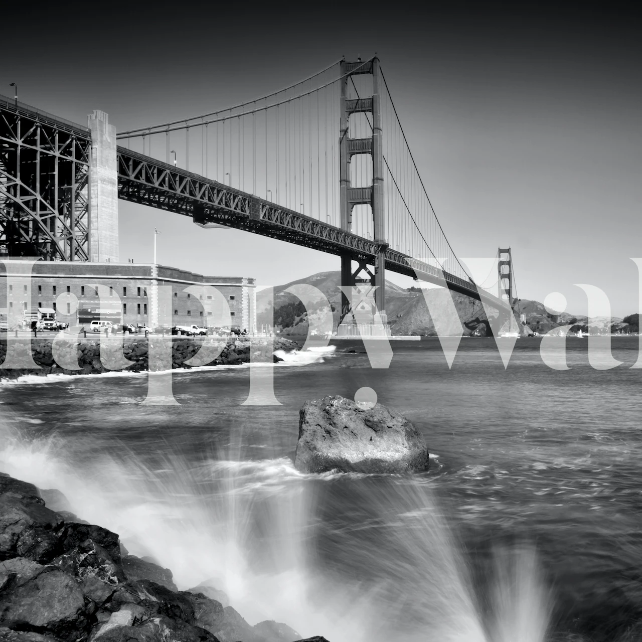 Black and white wallpaper featuring the Golden Gate Bridge and ocean waves