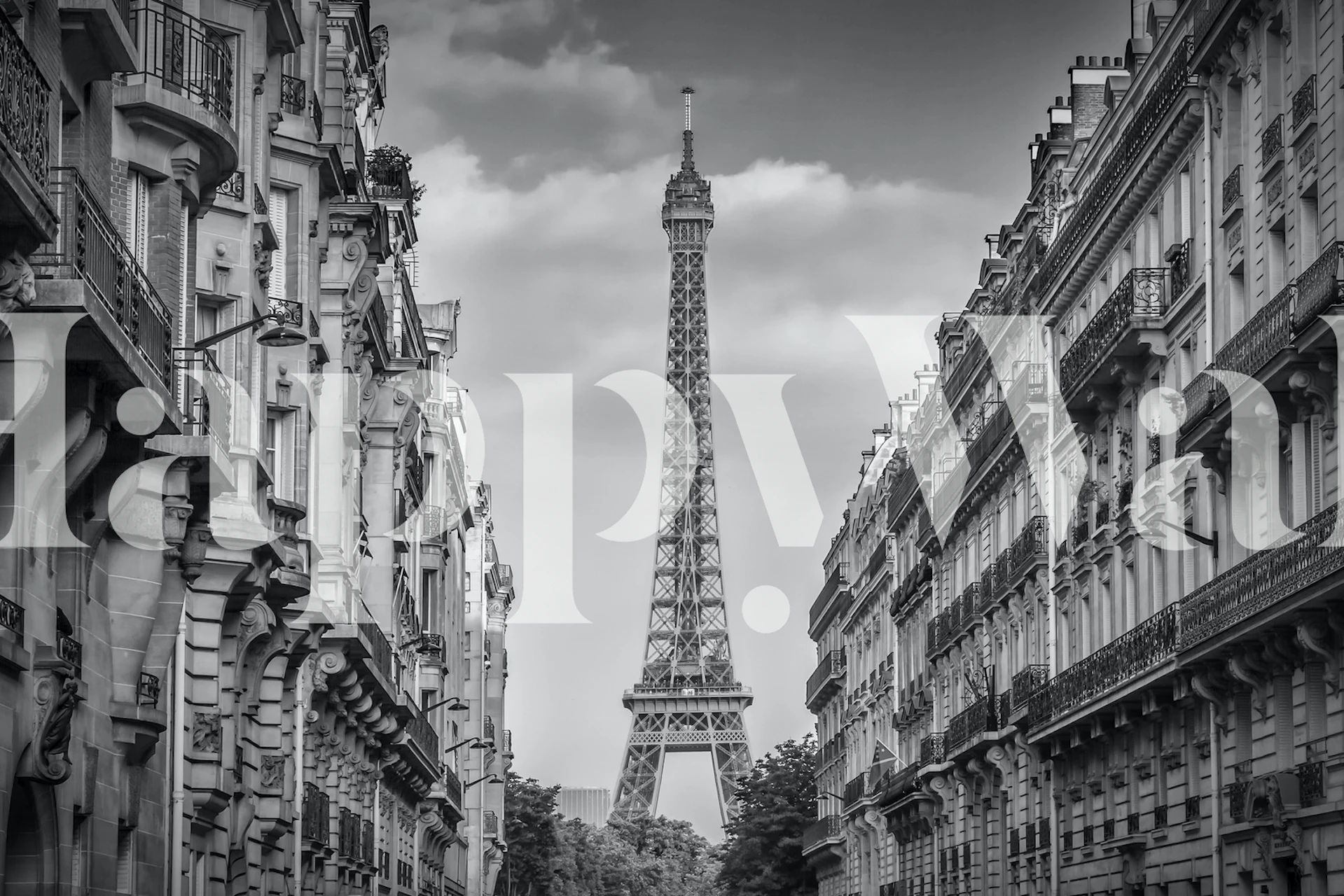 Black and white urban scene featuring the Eiffel Tower with Parisian architecture wallpaper